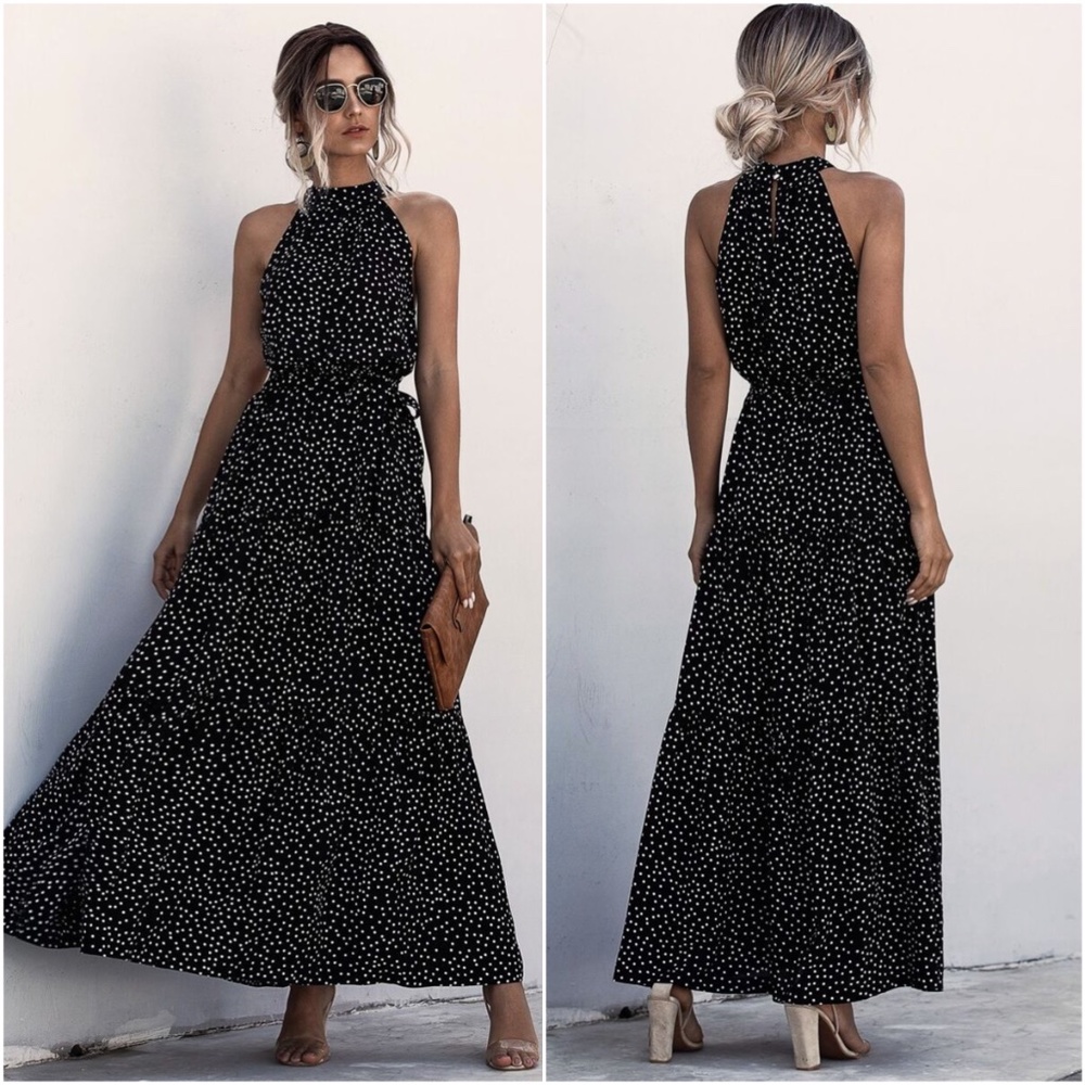 BLack polka dot belted halter maxi dress boho - Picture 1 of 3